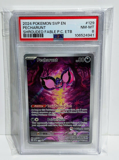 Graded PSA 8: Shrouded Fable Pokemon Center Stamped Pecharunt #129